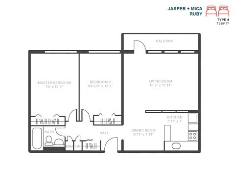 Floor plan for 2 beds, 1 bath, 730 sqft